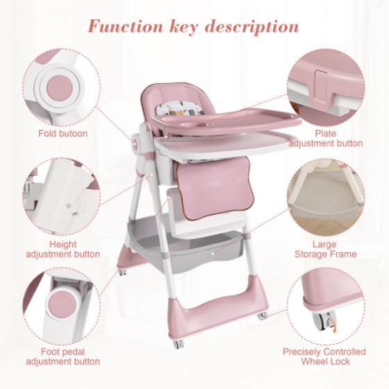6M-3Y Convertible Baby High Chair Rocker, Foldable, 5-Point Harness, Removable 2-Tier FDA Tray, Silent Lock Wheels